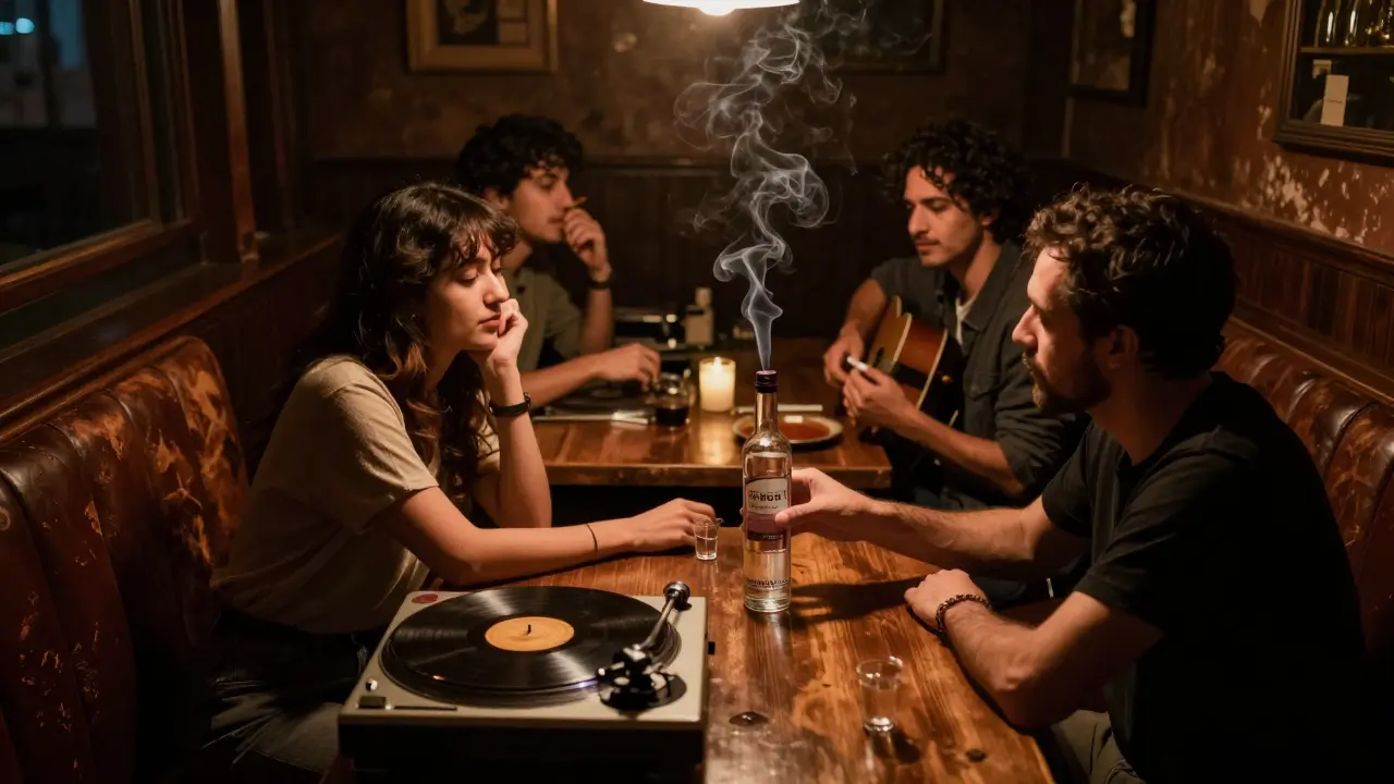 A dimly lit hidden bar with people gathered around a vinyl record player, sharing a drink in warm, intimate light.