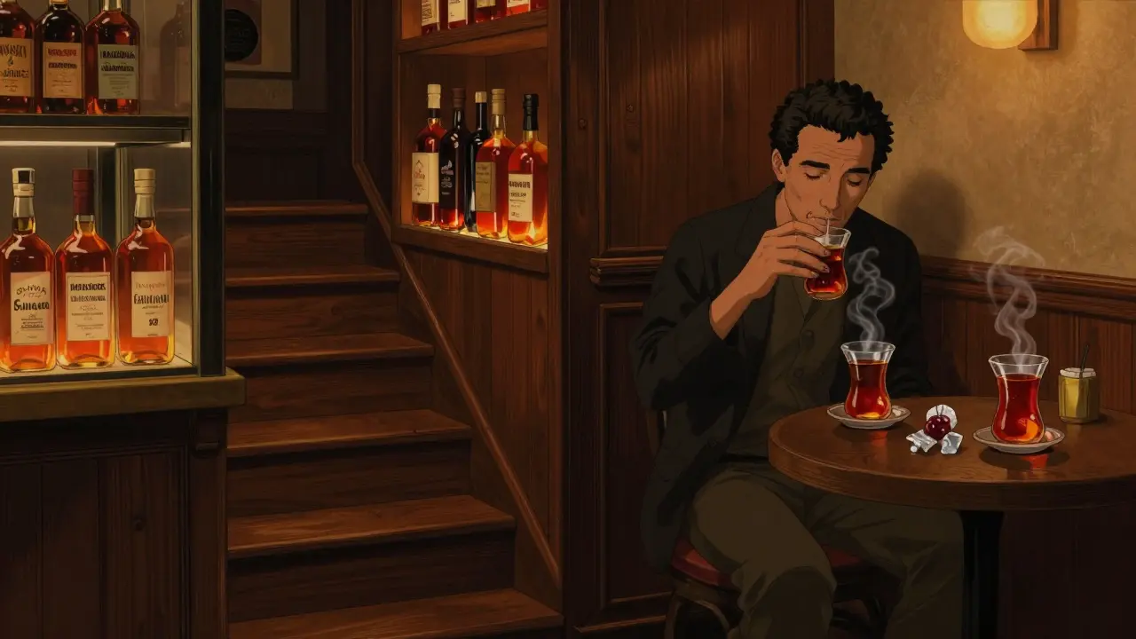 A dimly lit speakeasy behind a bakery, with wooden interiors and a single person sipping a smoky cocktail.