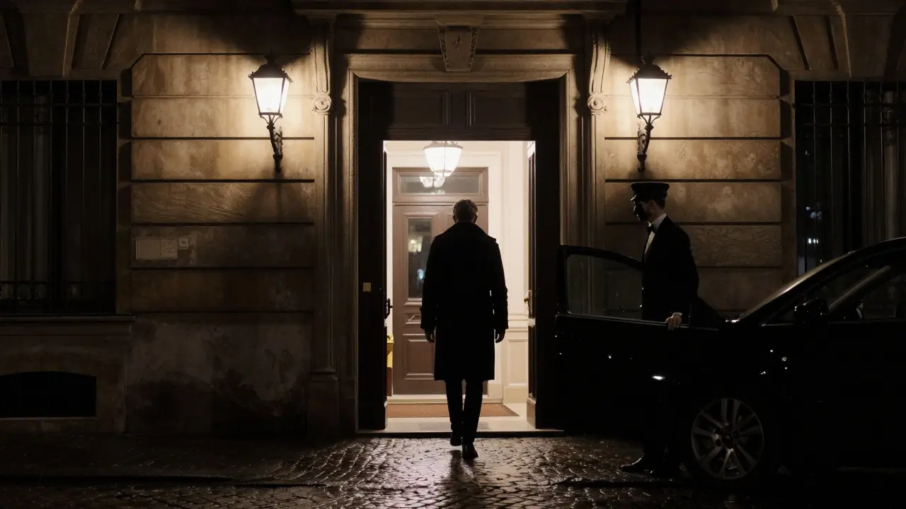 A discreet exit from a Milan hotel at night, silhouette of a companion leaving under soft lamplight.