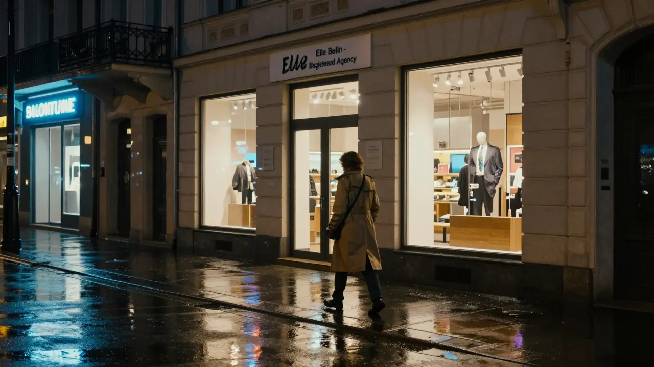 A discreet registered escort agency office in Berlin at night, rain-slicked street, no street solicitation.