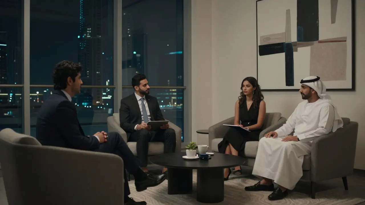 A diverse group of professionals in quiet conversation with a poised companion in a modern lounge.