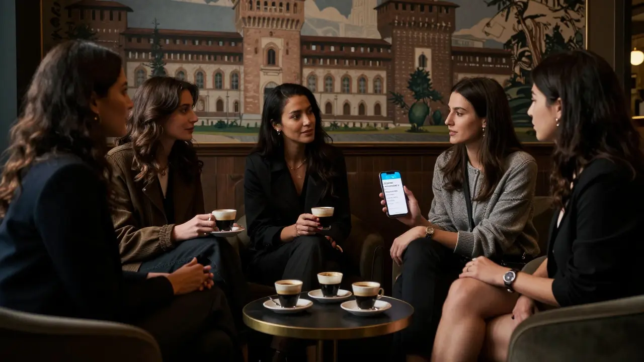 A group of women in a quiet Milan lounge sharing safety alerts, dressed elegantly, conveying solidarity and discretion.