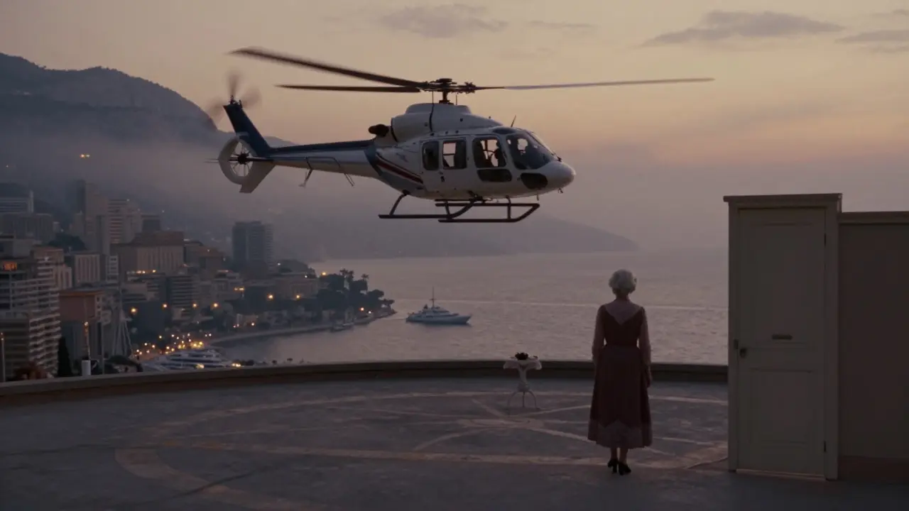 A helicopter departs Monaco at dawn as a woman in vintage evening gown walks toward a hidden door on the cliffside.