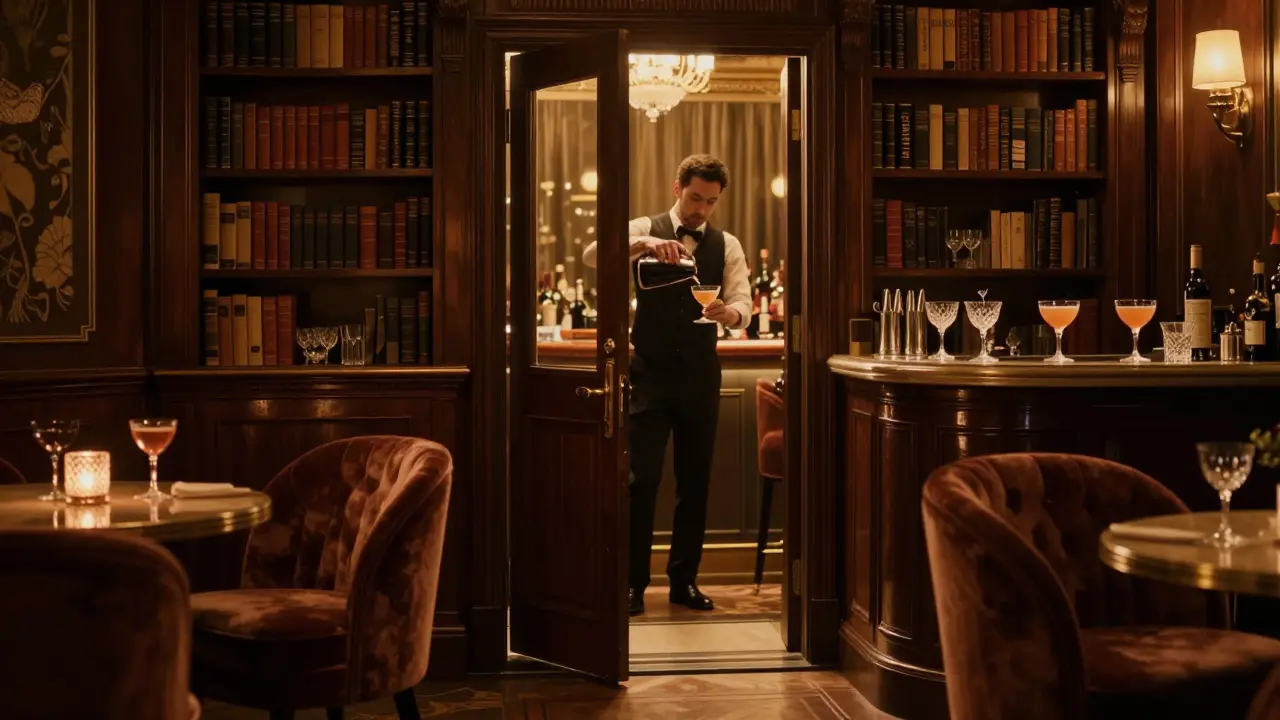 A hidden speakeasy with velvet chairs and a bartender mixing a classic cocktail in warm, low lighting.