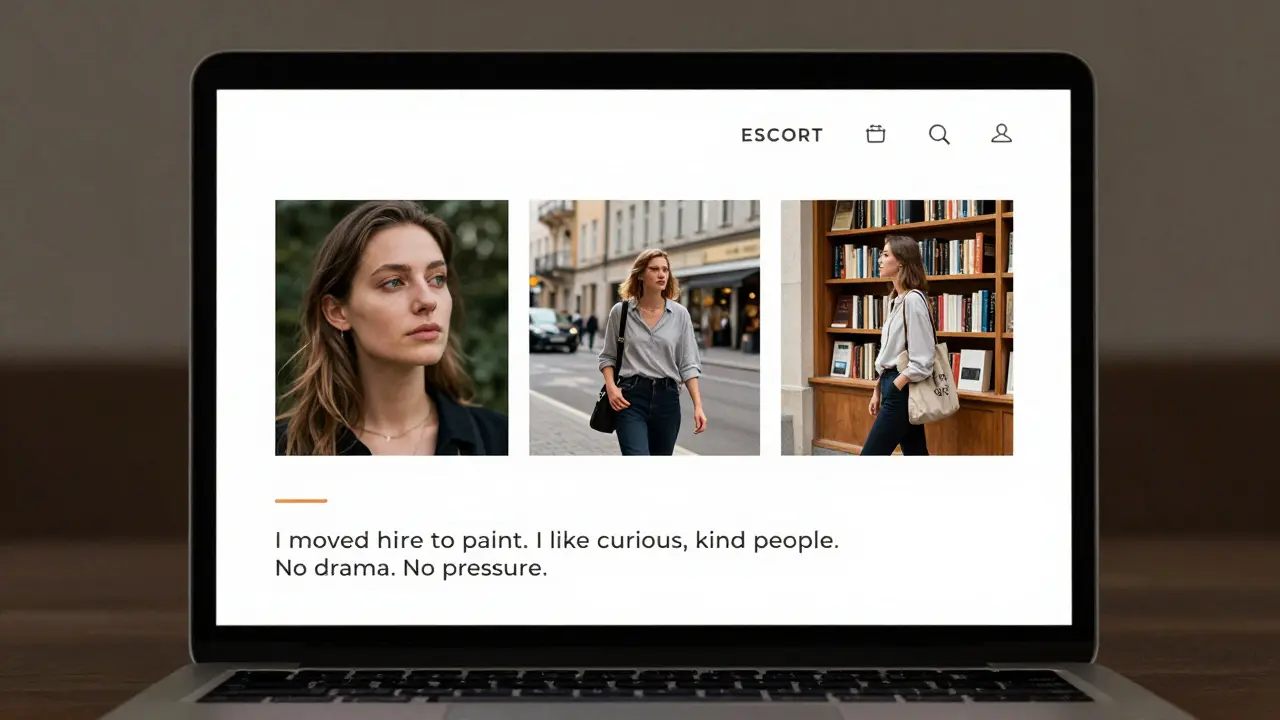 A laptop screen displays an escort profile with three authentic photos and a simple, personal bio.