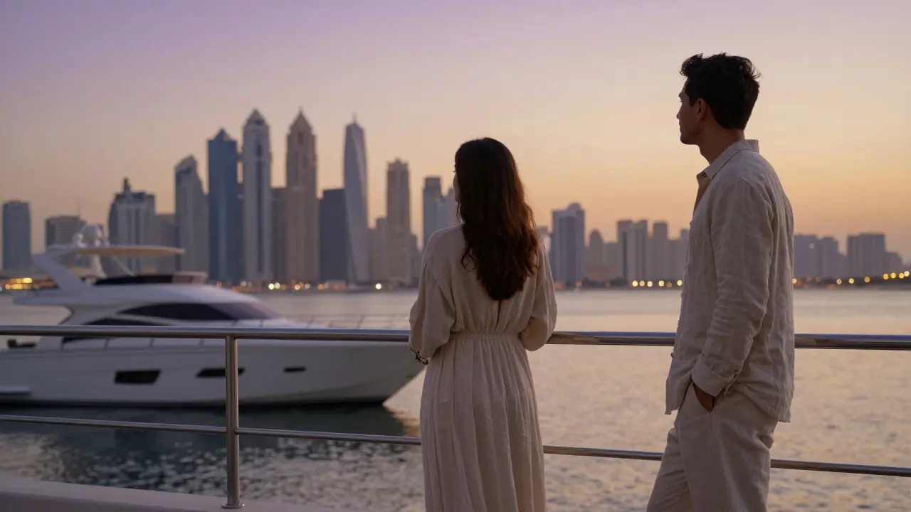 A luxury yacht at sunset, two figures standing quietly on deck as the Dubai skyline glows in the distance.