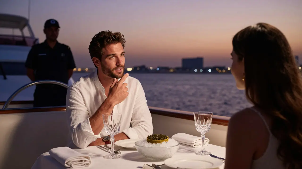 A male companion speaks with a female client on a private yacht at dusk, luxury dinner setting, security personnel subtly present.
