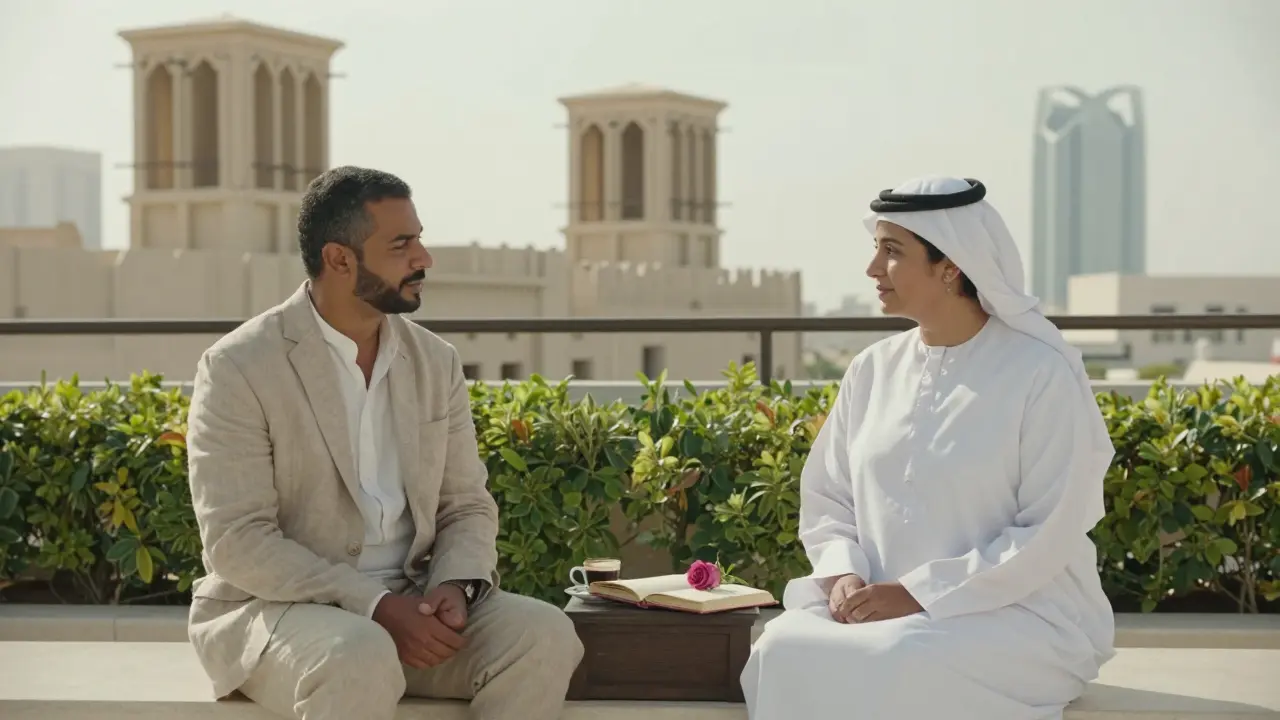 A man and companion sitting in silent stillness on a rooftop garden with coffee and an open journal.