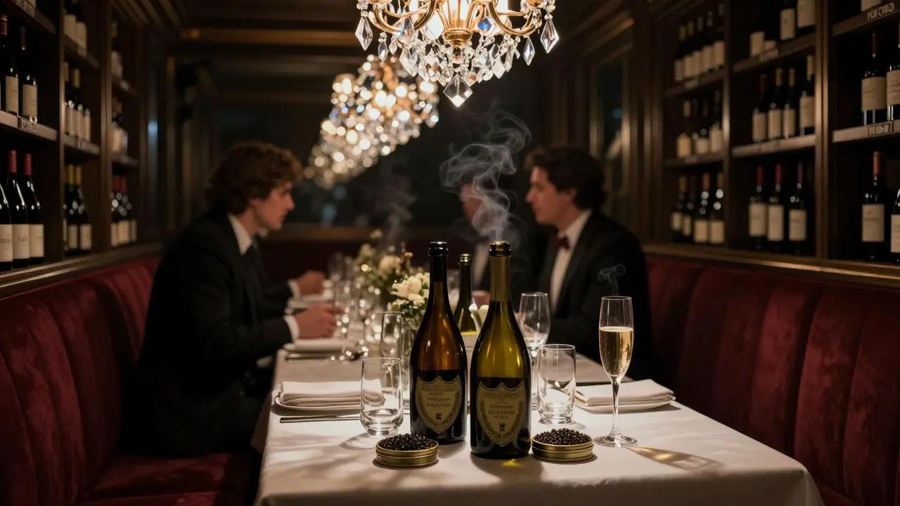 A private booth at Hakkasan with empty champagne bottles and caviar tins, shadowy figures conversing in dim chandelier light.