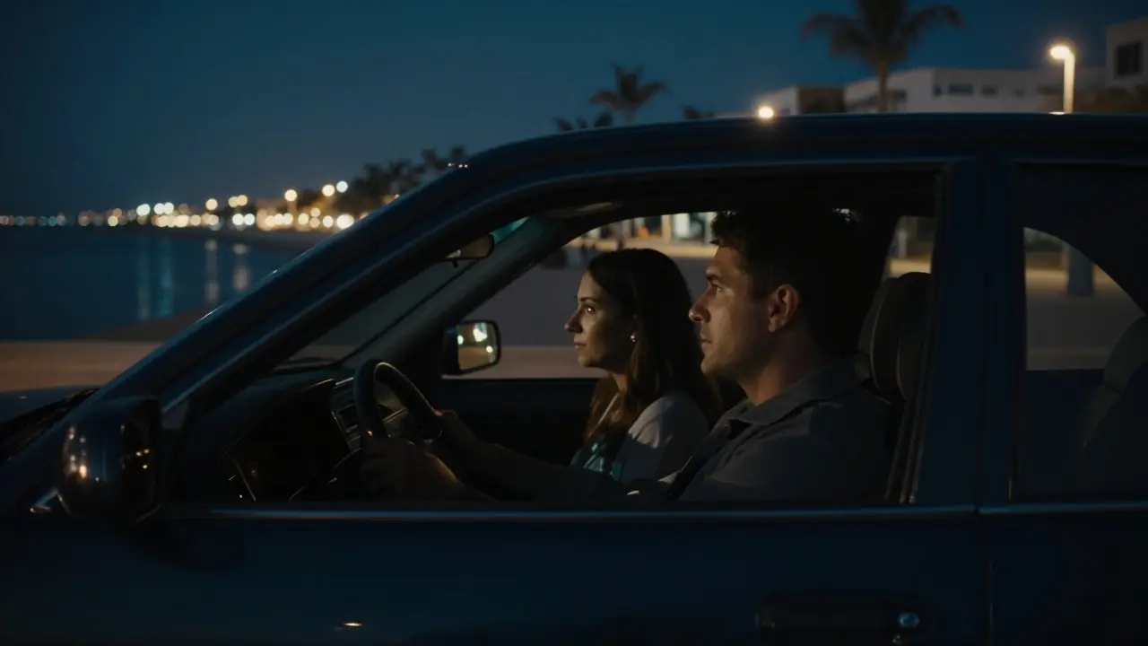 A private car driving along the Corniche at night, two passengers silently enjoying the calm city lights.