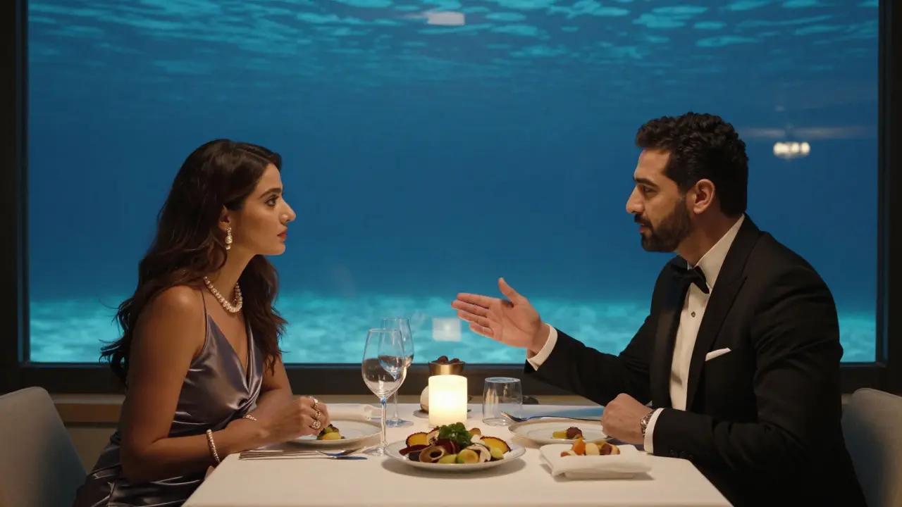 A private dinner at Al Mahara restaurant, with an elegant woman and man enjoying Emirati cuisine under ambient underwater lighting.