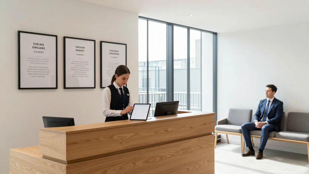 A professional escort agency office with a client and staff in a modern, well-lit interior, conveying trust and discretion.