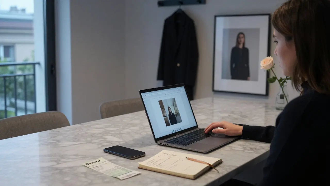 A professional woman working independently from her minimalist Milan apartment, surrounded by encrypted devices and client notes.