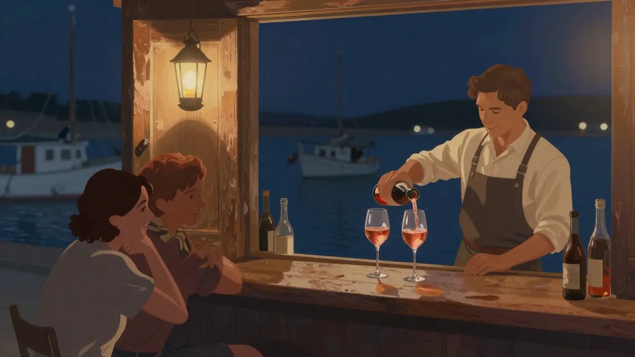 A quiet bar by the harbor at midnight, a bartender pouring wine for two guests.