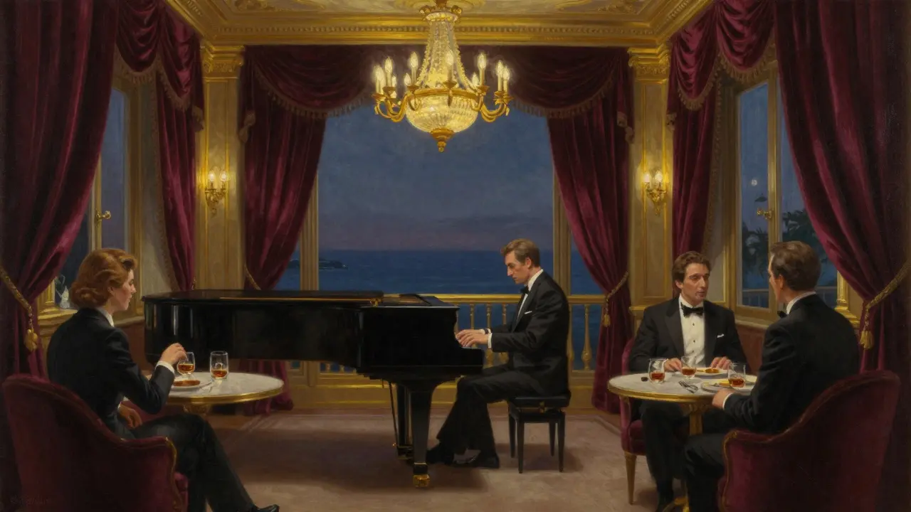 A refined lounge in Monaco's casino with a pianist playing under a golden chandelier.