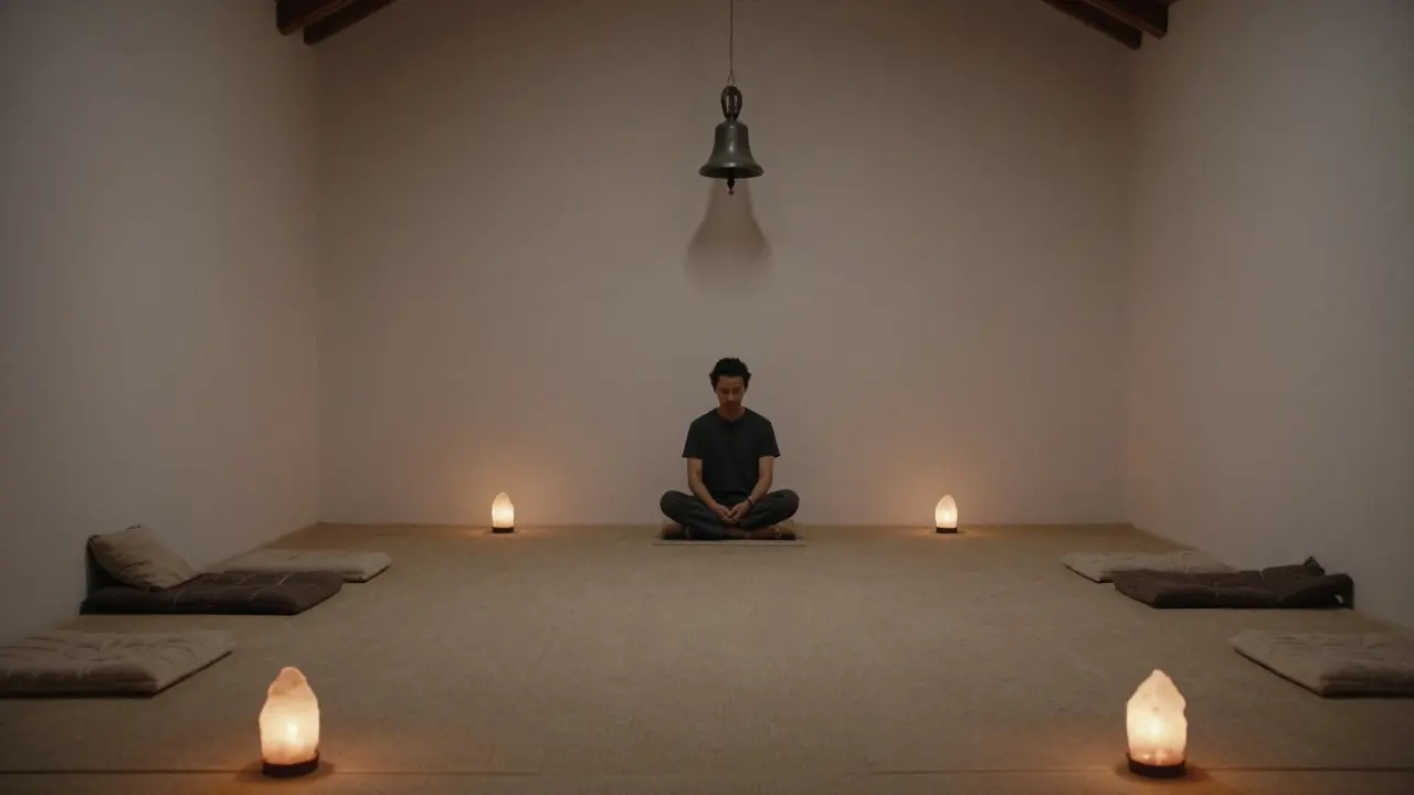 A serene meditation room in a converted chapel with salt lamps and a person sitting in silent contemplation.