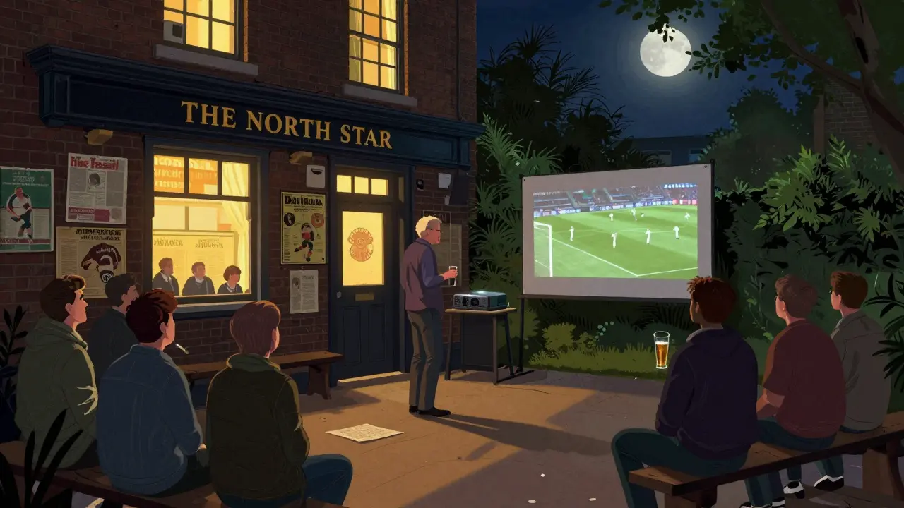 A small pub garden at night with a projector showing a classic football match, fans watching on wooden benches under moonlight.