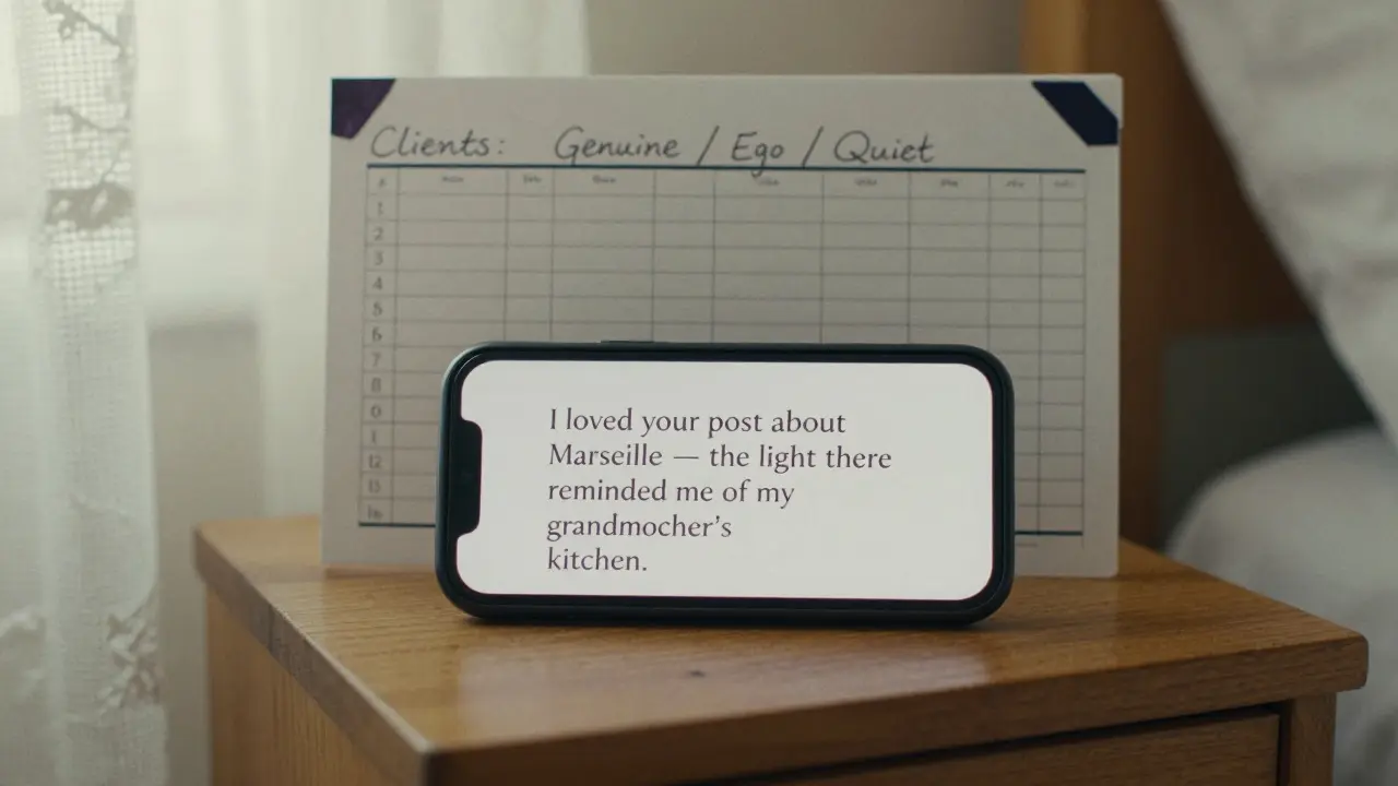 A smartphone showing a thoughtful message beside a handwritten client log in a Montmartre studio.