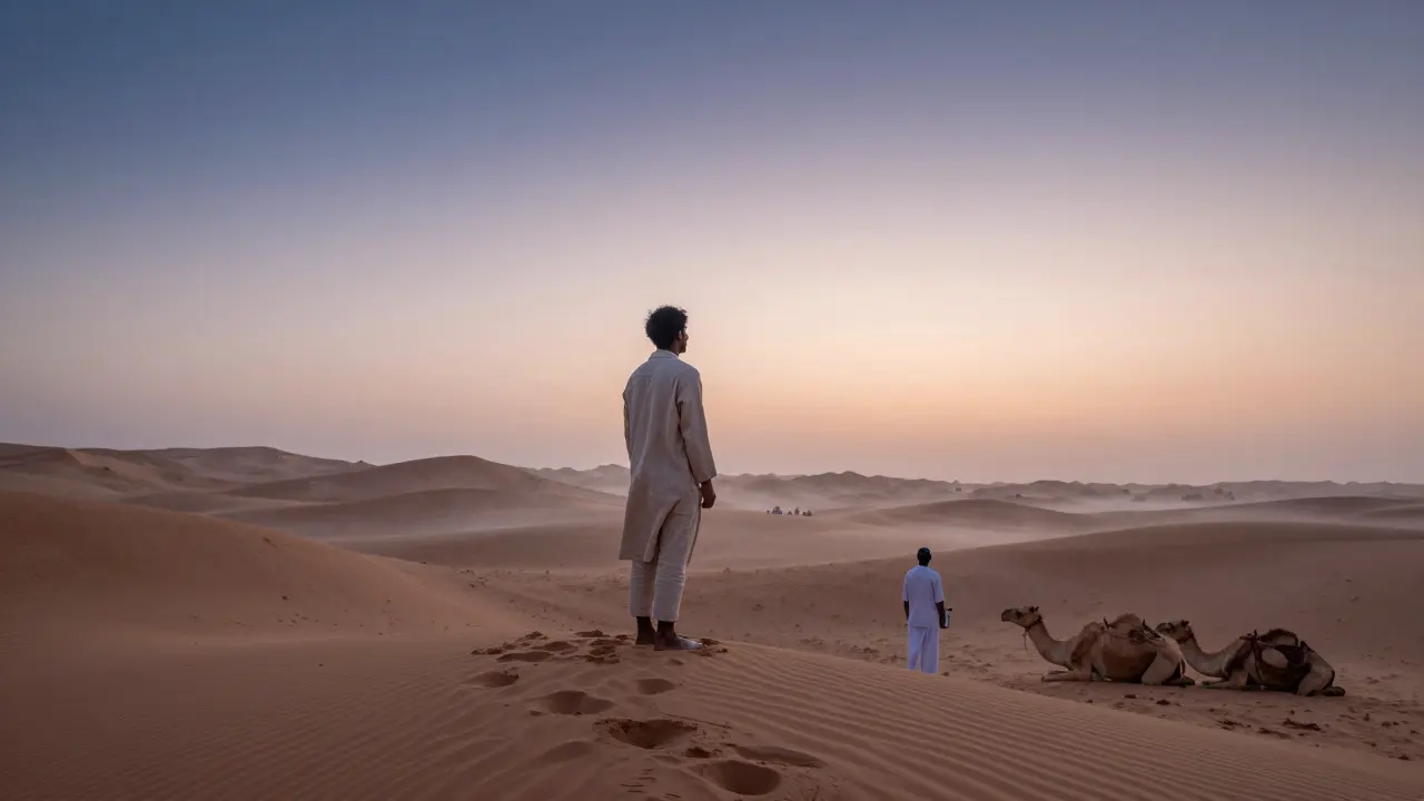 A solitary figure standing on a desert dune at dawn, another nearby in peaceful stillness under a soft sky.