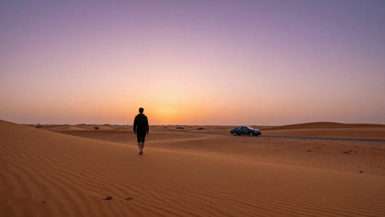 A solitary figure walking at sunset along a deserted desert road in Abu Dhabi, golden sand stretching to the horizon.