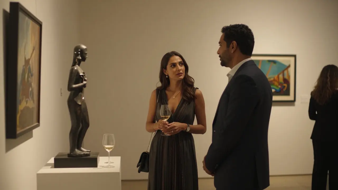 A sophisticated couple engages in thoughtful conversation at a private art gallery opening on Saadiyat Island.