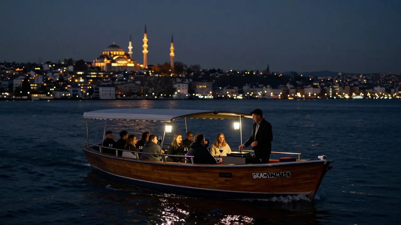 A traditional wooden boat on the Bosphorus at night, lit by lanterns, with passengers enjoying wine and city lights reflecting on water.