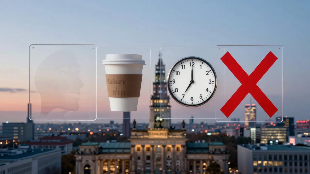 A twilight Berlin skyline with floating symbols representing honest profile elements and rejected clichés.