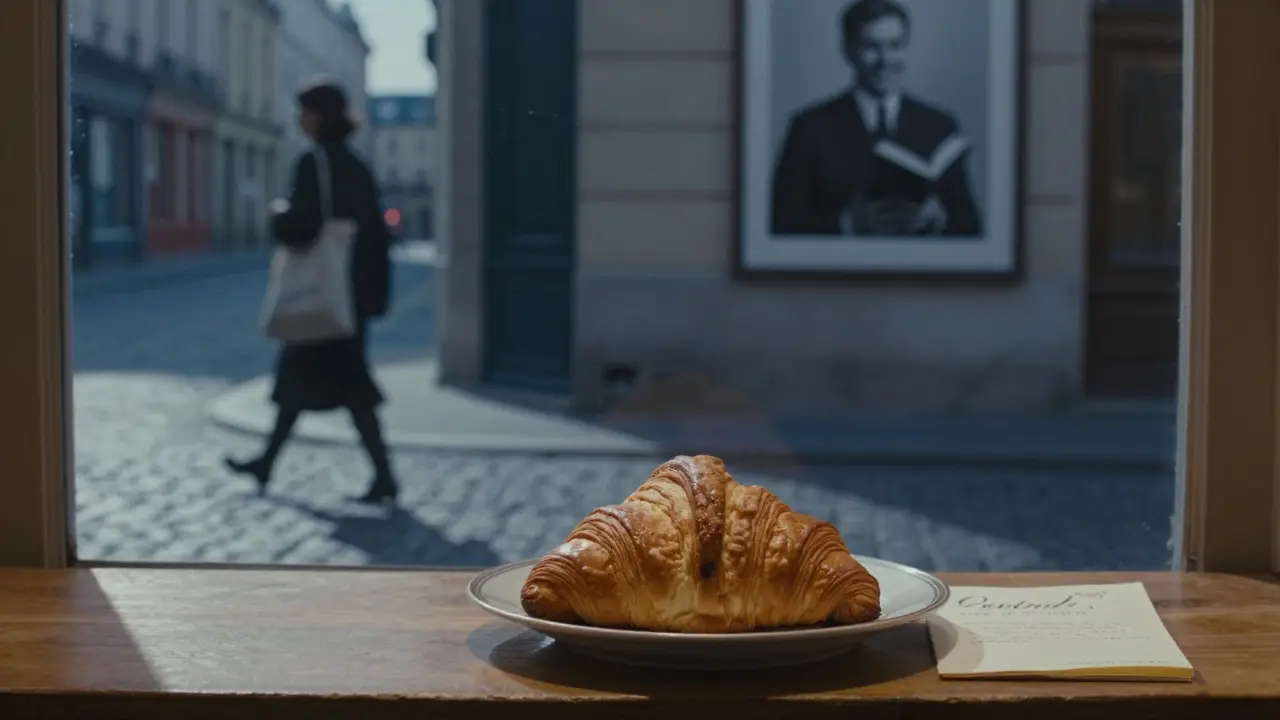 A warm croissant and note on a bakery counter at dawn, with a woman’s silhouette walking away into the morning light.