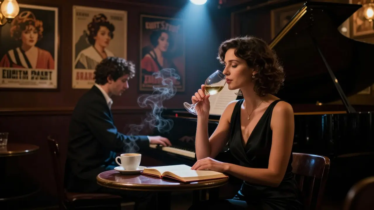 A woman enjoys wine and piano music in a cozy Parisian jazz club at night.