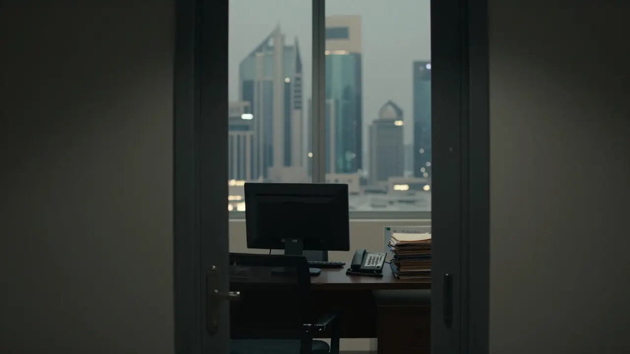 An anonymous agency office with locked files and a burner phone, hidden in a high-rise building.