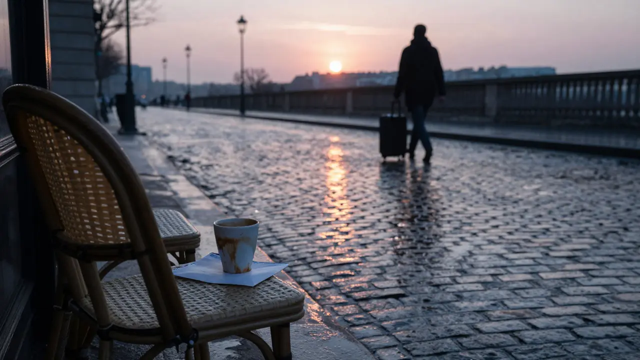 An empty Paris street at dawn with a forgotten coffee cup and folded note under a café chair.