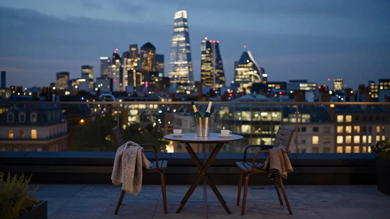 An empty rooftop terrace in Mayfair overlooks London’s glowing skyline at twilight.