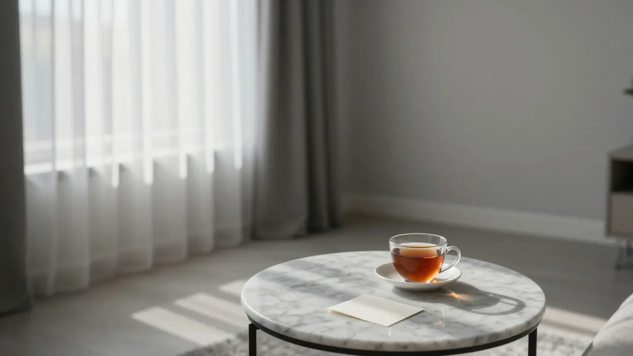 An empty, serene apartment at dawn with a cooling cup of tea and a folded note.