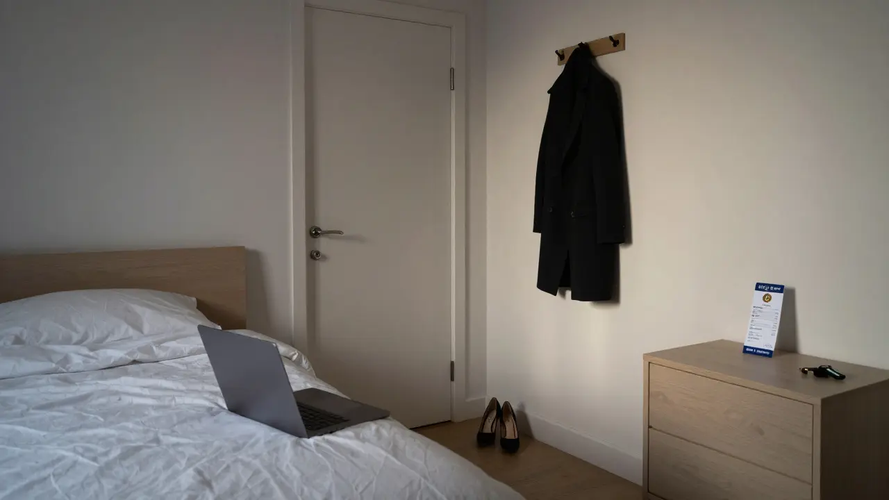 An empty serviced apartment at dawn, with a Bitcoin receipt and a single shoe, suggesting a transient, discreet encounter.