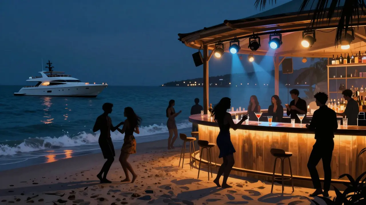 Beachfront club at midnight with people dancing barefoot in sand as yachts glow on the horizon.