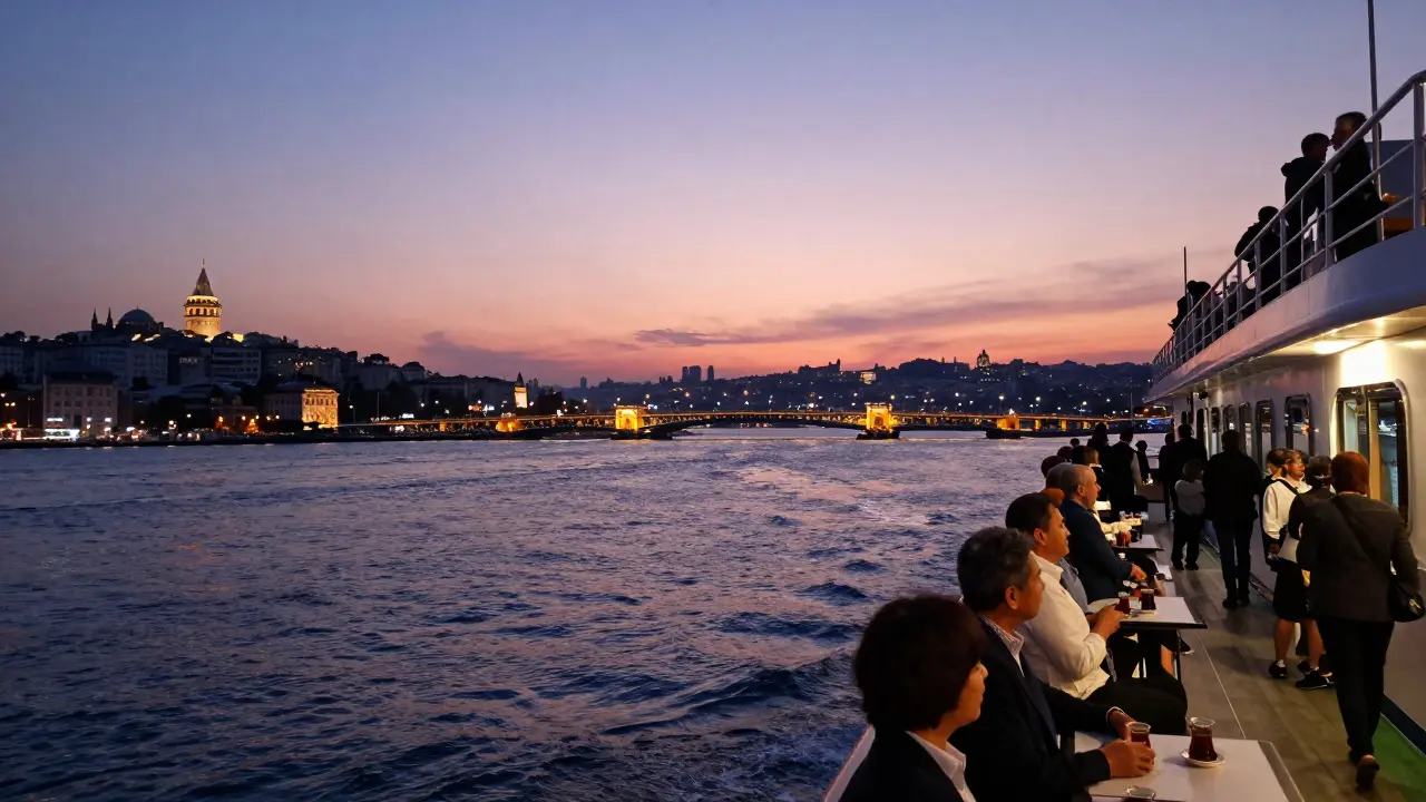 Bosphorus cruise at dusk with Istanbul skyline silhouettes reflected on water