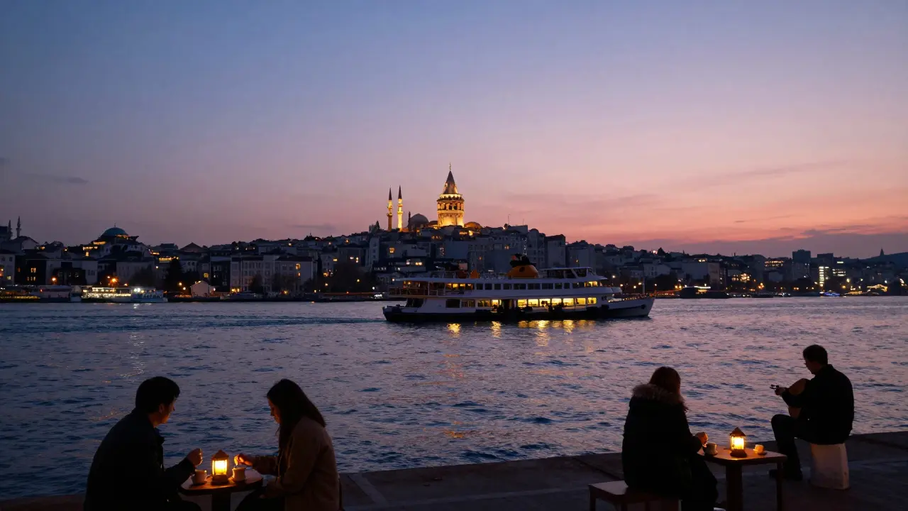 Bosphorus ferry at dawn, city lights reflecting on water as couples sit quietly on the shore.