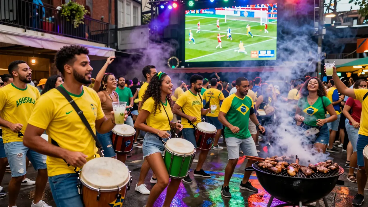 Brazilian fans celebrating a World Cup goal in a London pub with samba music, grilled meat, and colorful drinks.