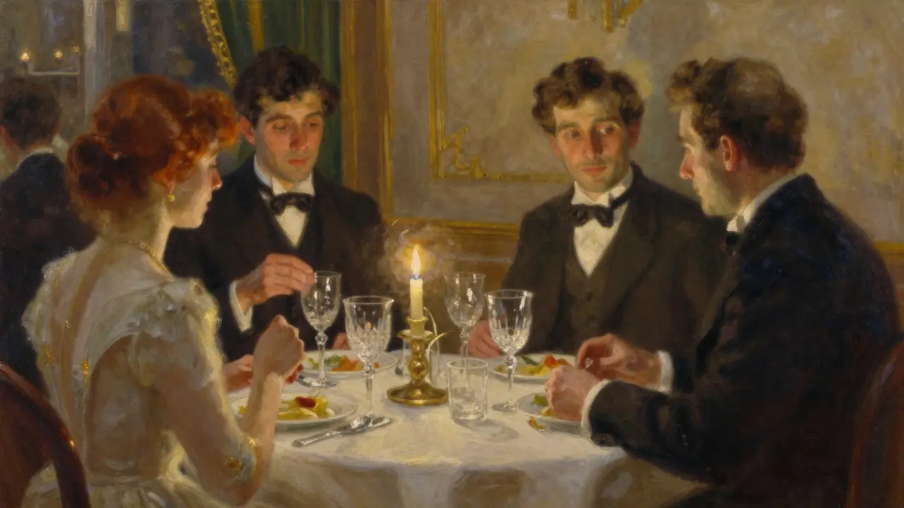 Candlelit fine dining table set for two in a Paris restaurant.