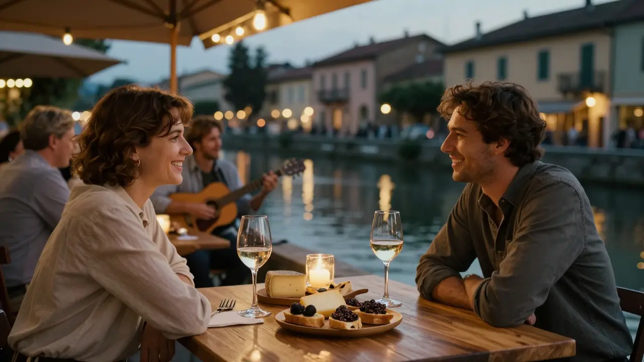 Couples enjoy aperitivo at a canal-side bar in Naviglio Grande with snacks and wine under string lights.