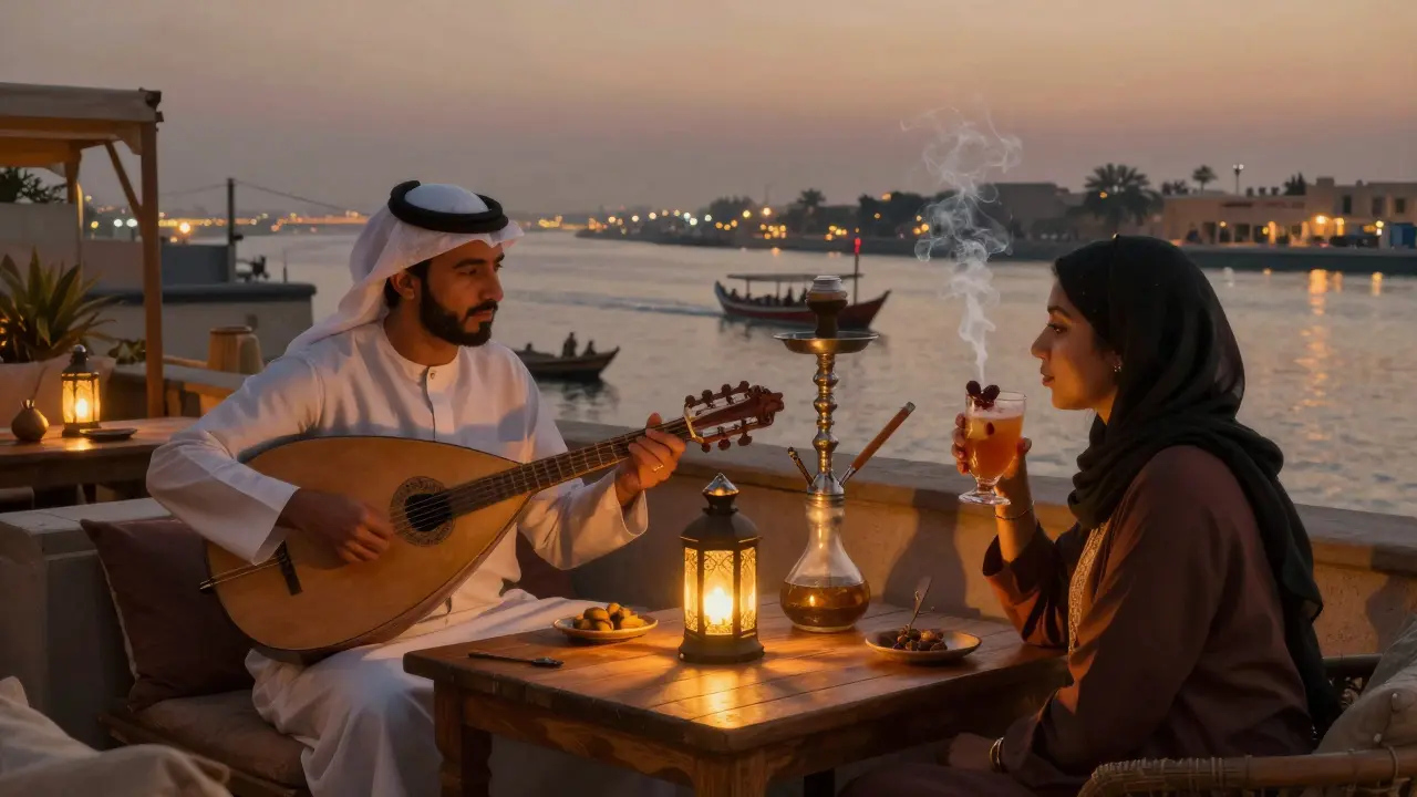 Cozy Middle Eastern rooftop with shisha smoke, oud music, and lantern-lit tables overlooking the Dubai Creek.