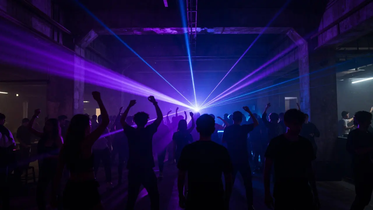 Crowd dancing in industrial techno club with strobes