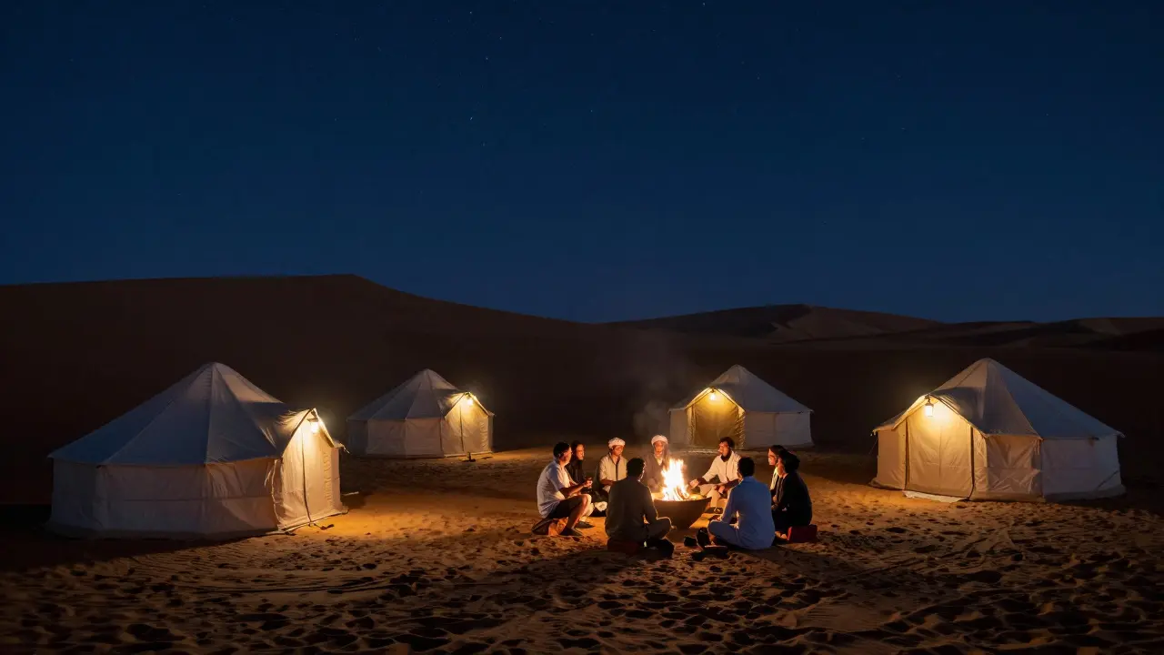Desert camp with tents and fire under a starry night sky.