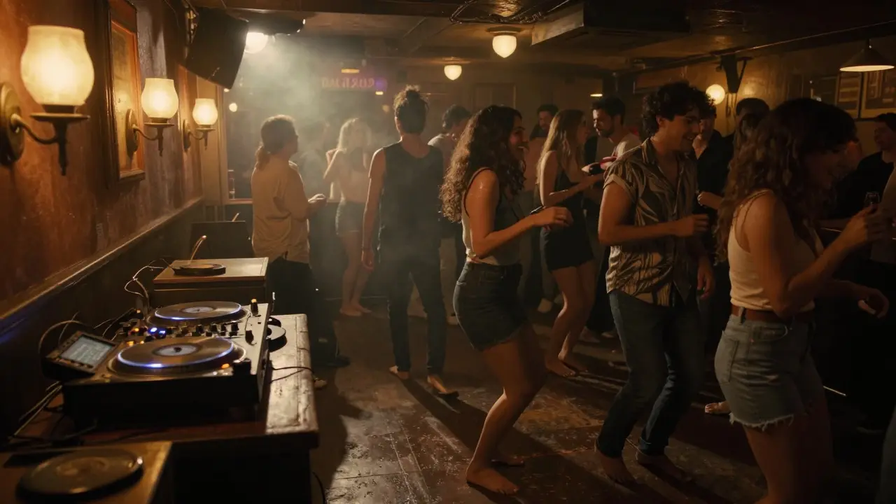 Dim basement club with dancers moving under vintage lamps, DJ mixing music in smoky haze.