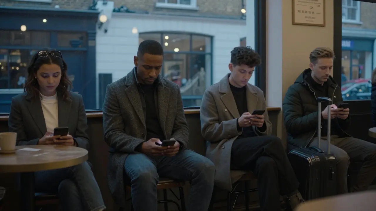 Diverse individuals in a Soho café, each alone, glancing at their phones in twilight, conveying quiet loneliness and connection.