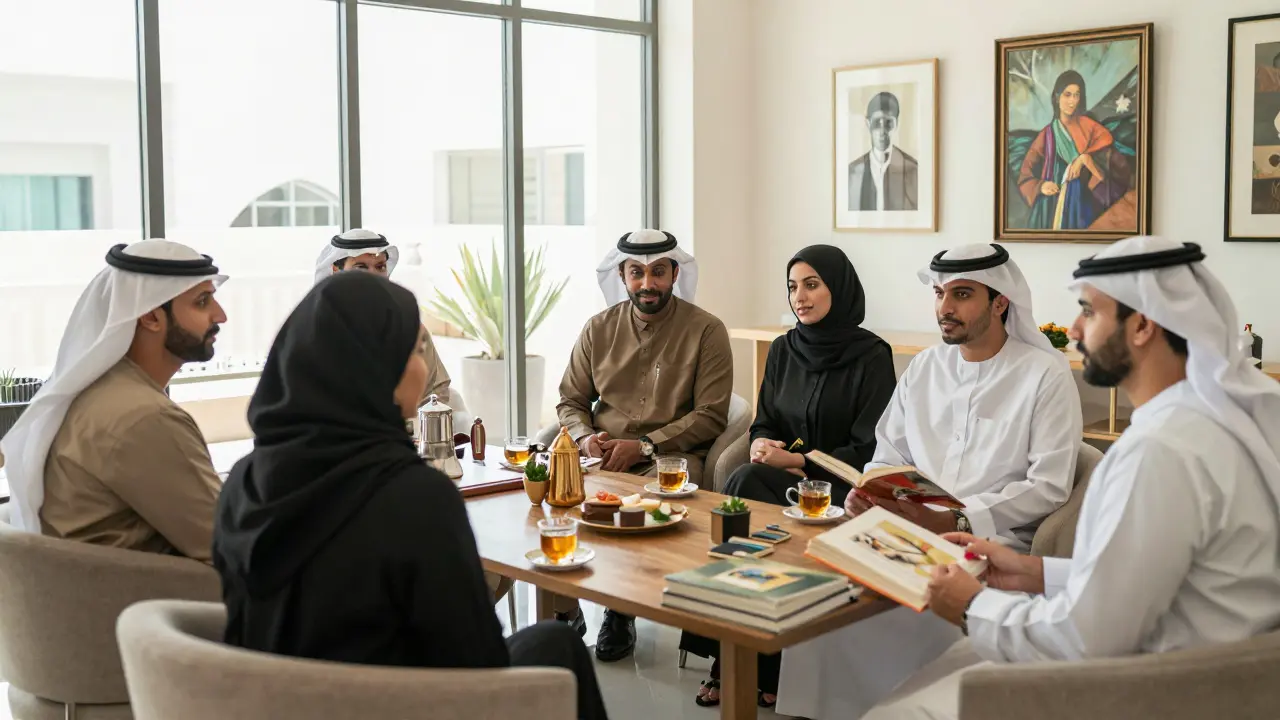 Expats engaged in thoughtful conversation at a private cultural salon, surrounded by art.