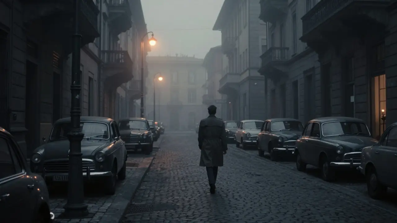 Foggy 1950s Milan street with mysterious lighting