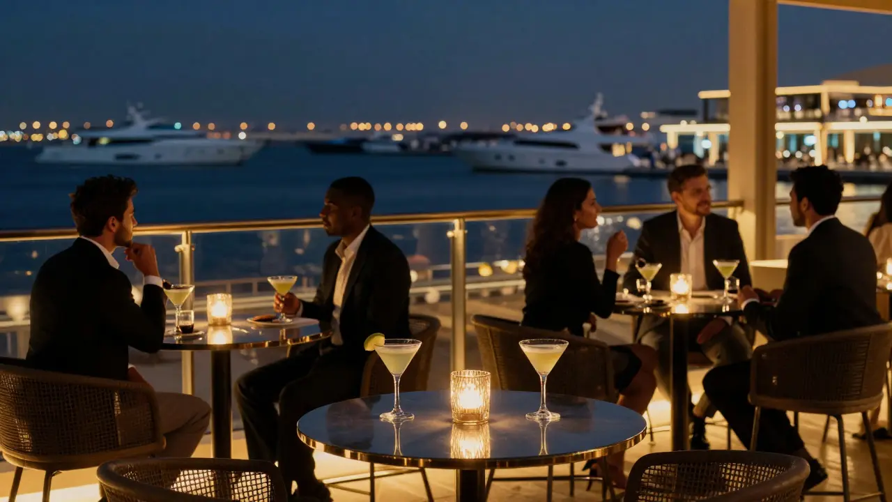 Guests enjoying cocktails at a rooftop bar overlooking the marina.