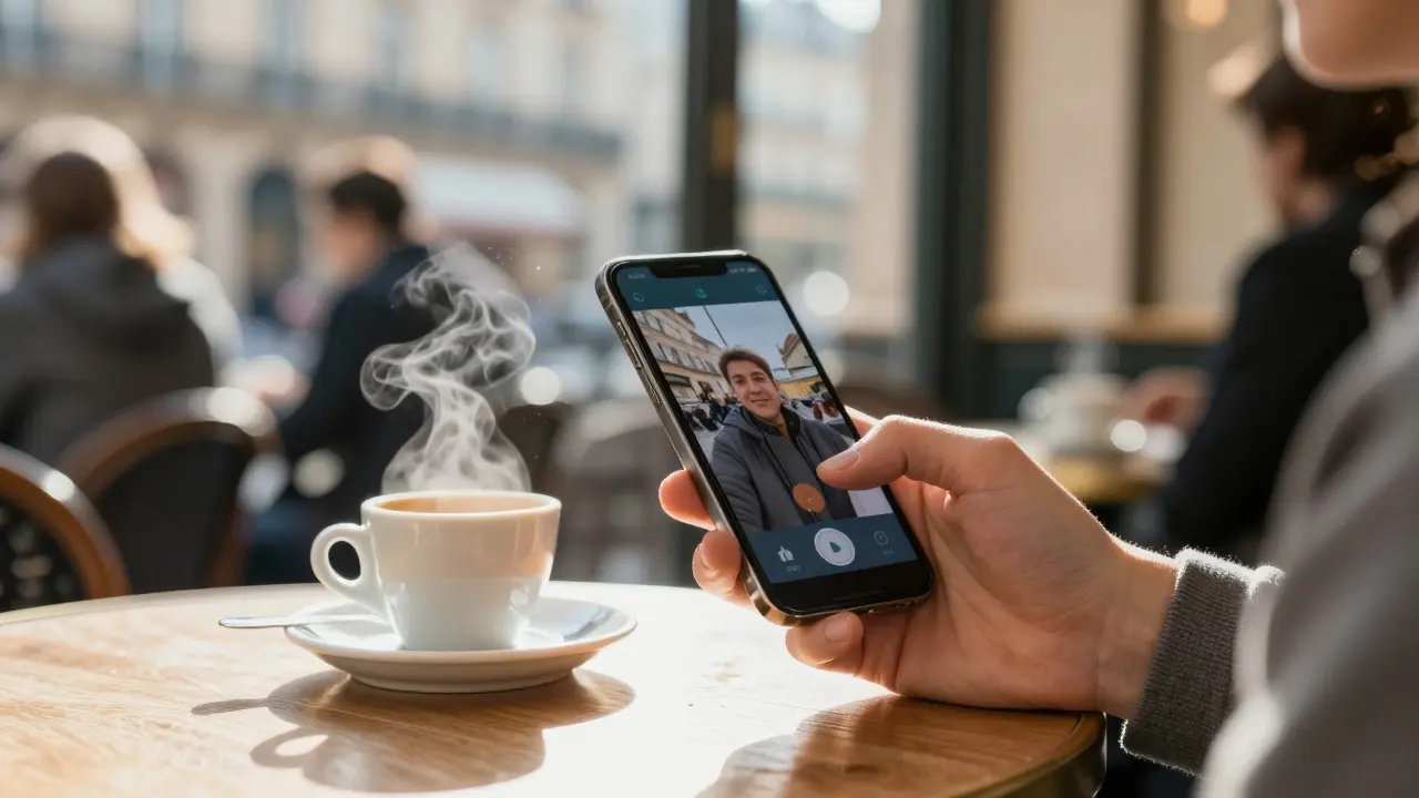 Hand holding smartphone over coffee cup in a sunny cafe