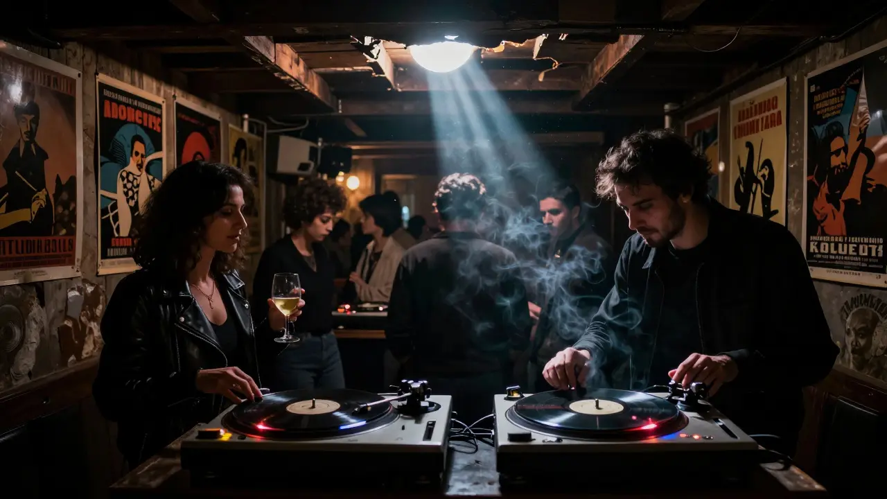 Hidden basement club in Kadıköy with vintage film posters, a vinyl turntable spinning, and a shadowy crowd dancing to live music.